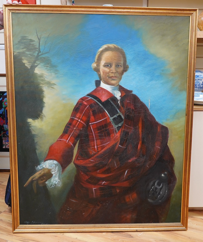 A large decorative oil on canvas, Half-length portrait of a Scottish highlander, 125 x 99cm. Condition - poor to fair